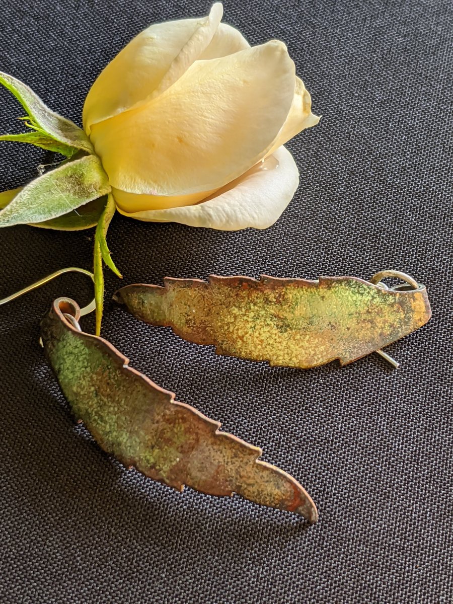 Image of  leaf earrings, enamel on copper with silver ear hooks
