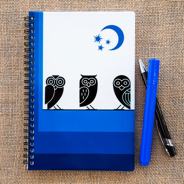 Owls Night Sky Blue Notebook A5 Spiral Bound Lined Wipe-Clean Acrylic Cover 
