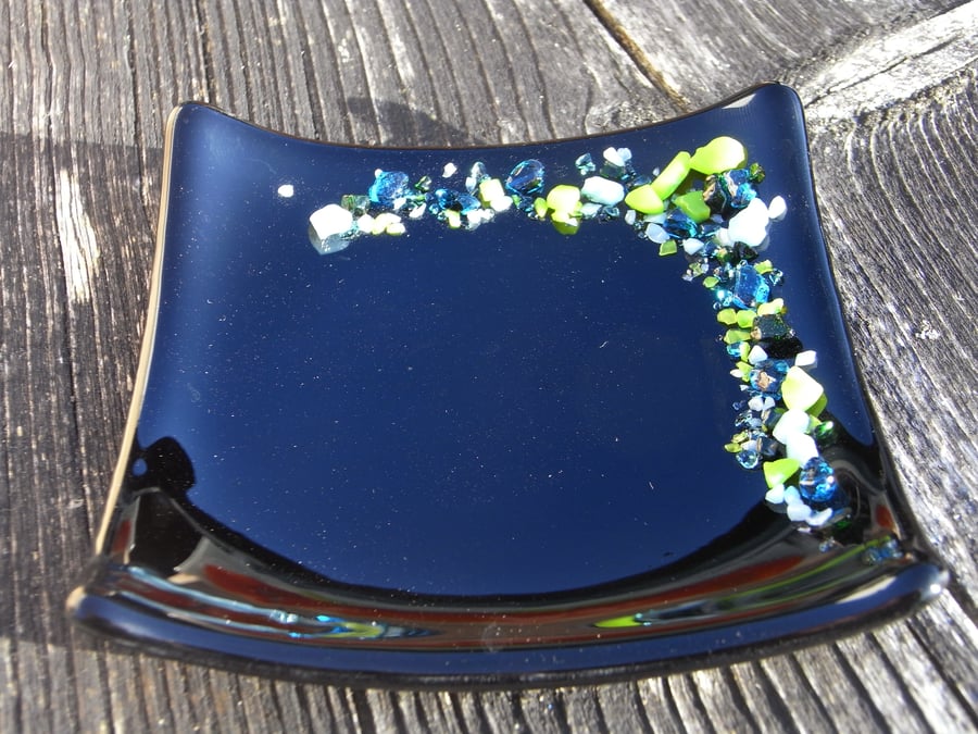 Fused glass Trinket Dish, black, 'Beach'