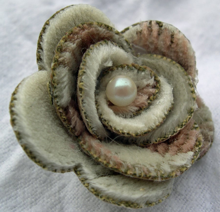 Hardened Neutral Uphostery Woven Fabric Rose Brooch