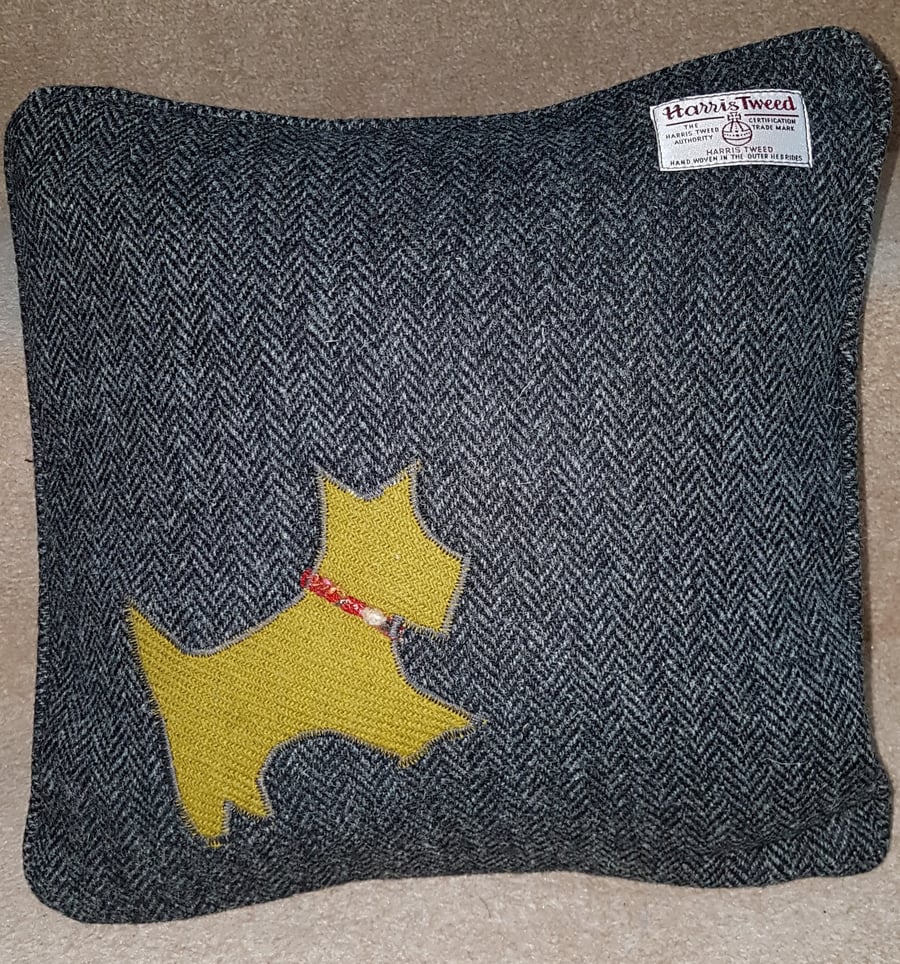 Harris Tweed cushion cover, 37x37cm steel grey, Scottie dog applique with Piping