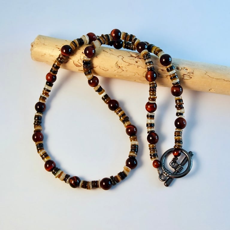 Tigers Eye & Shell Unisex Necklace - Anniversary, Fathers Day, Gift For Them