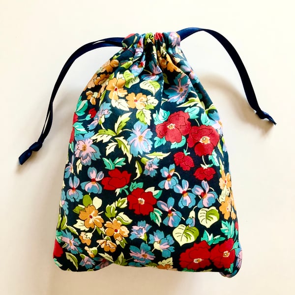 Navy and Red Floral Drawstring Bag