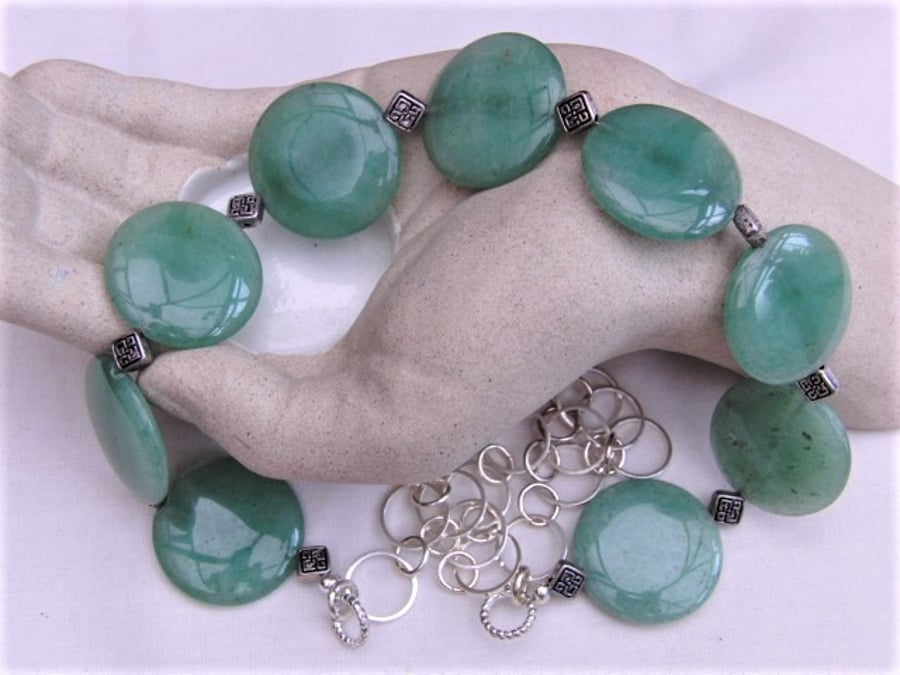 Semi Precious Necklace made with Jade Coin Beads & Silver Spacers