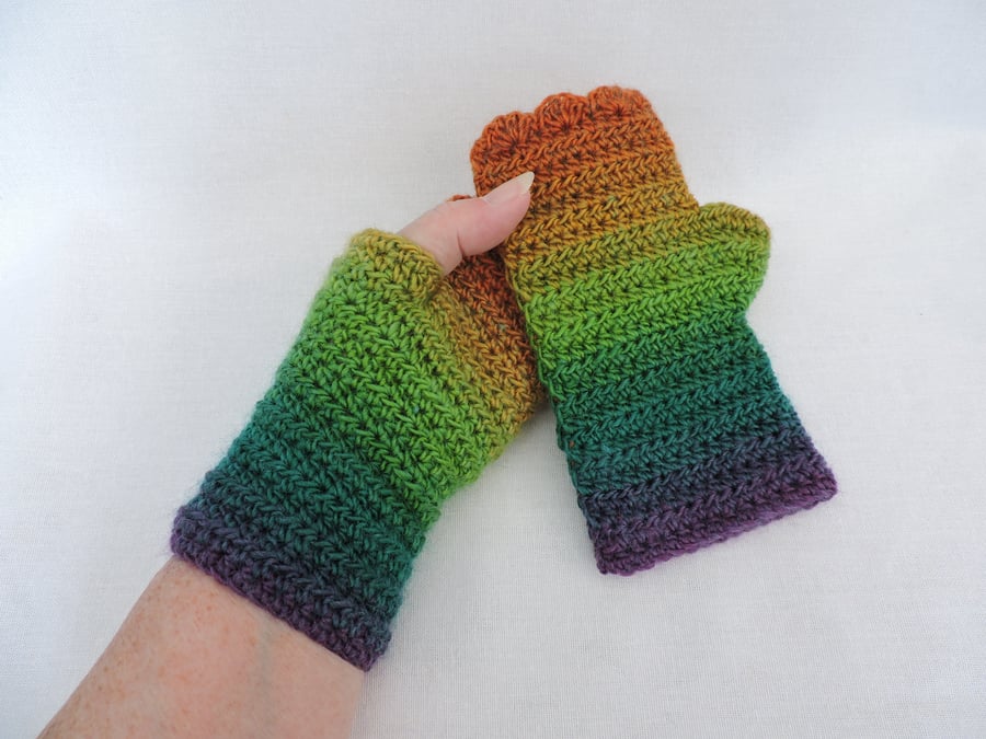 Fingerless Crochet Mitts Purple Teal Green Mustard Burnt Orange