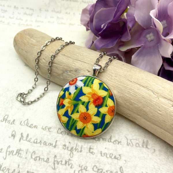 Field of Daffodils fabric button pendant antique silver finish springtime gifts
