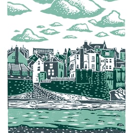 Robin Hood's Bay A3 poster-print (dark blue & teal)