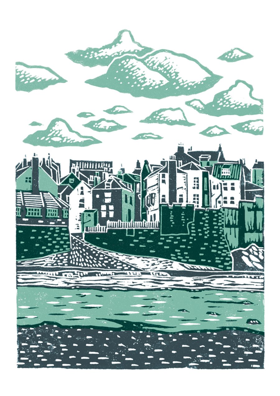 Robin Hood's Bay A3 poster-print (dark blue & teal)