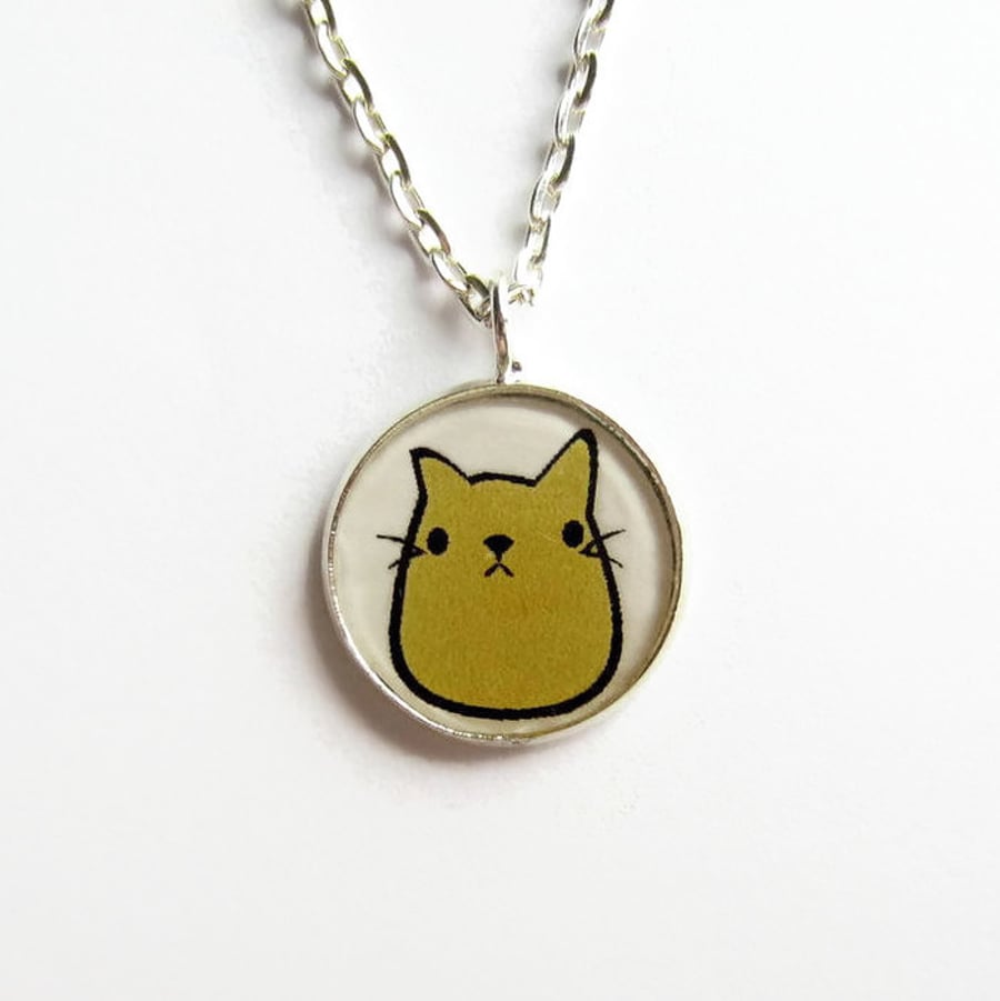 Cute Cat Necklace, Small Doodle Art Cat Picture Pendant, 18mm