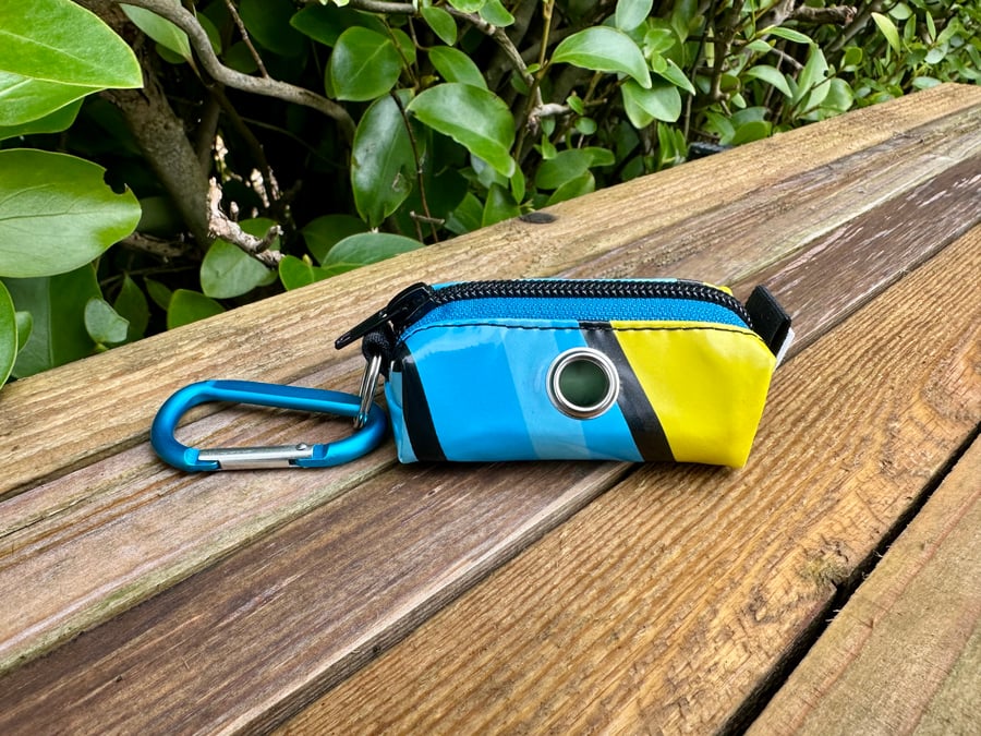 Repurposed Dog Poo Bag Holder Made From Pool Toy - Yellow and Blue