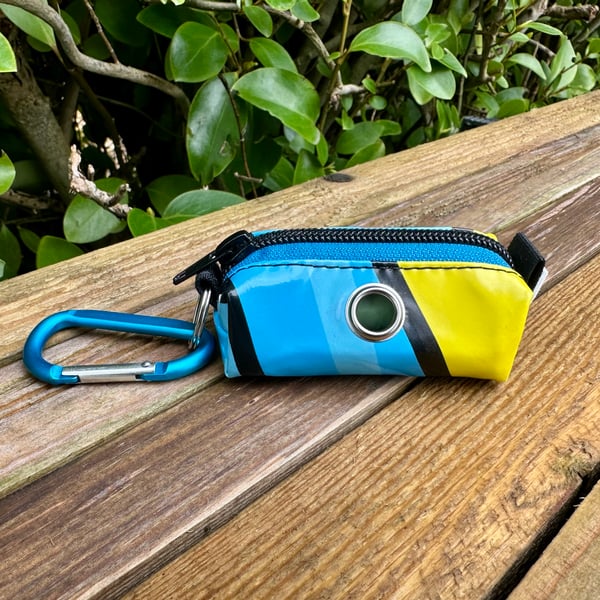 Repurposed Dog Poo Bag Holder Made From Pool Toy - Yellow and Blue
