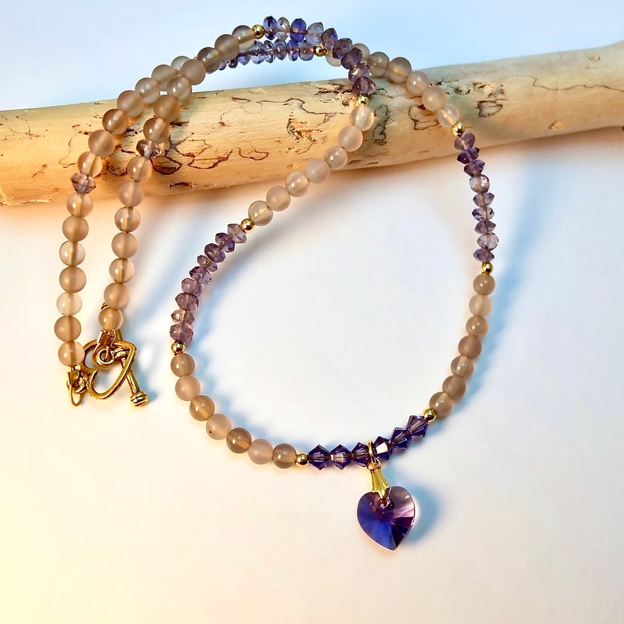 Iolite & Grey Agate Necklace With Swarovski Tanzanite Heart - Sale