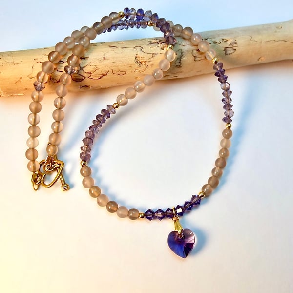 Iolite & Grey Agate Necklace With Swarovski Tanzanite Heart -Seconds Sunday