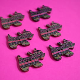Wooden Scottie Dog Buttons Black Pink Green 6pk 28x20mm Scotty Puppy (DG4)
