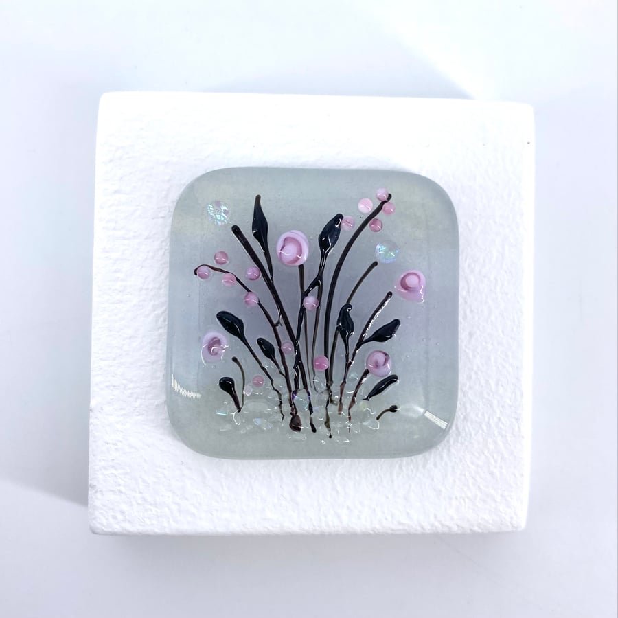 Glass Flower Meadow Picture - Black and Grey with Dichroic Sparkle