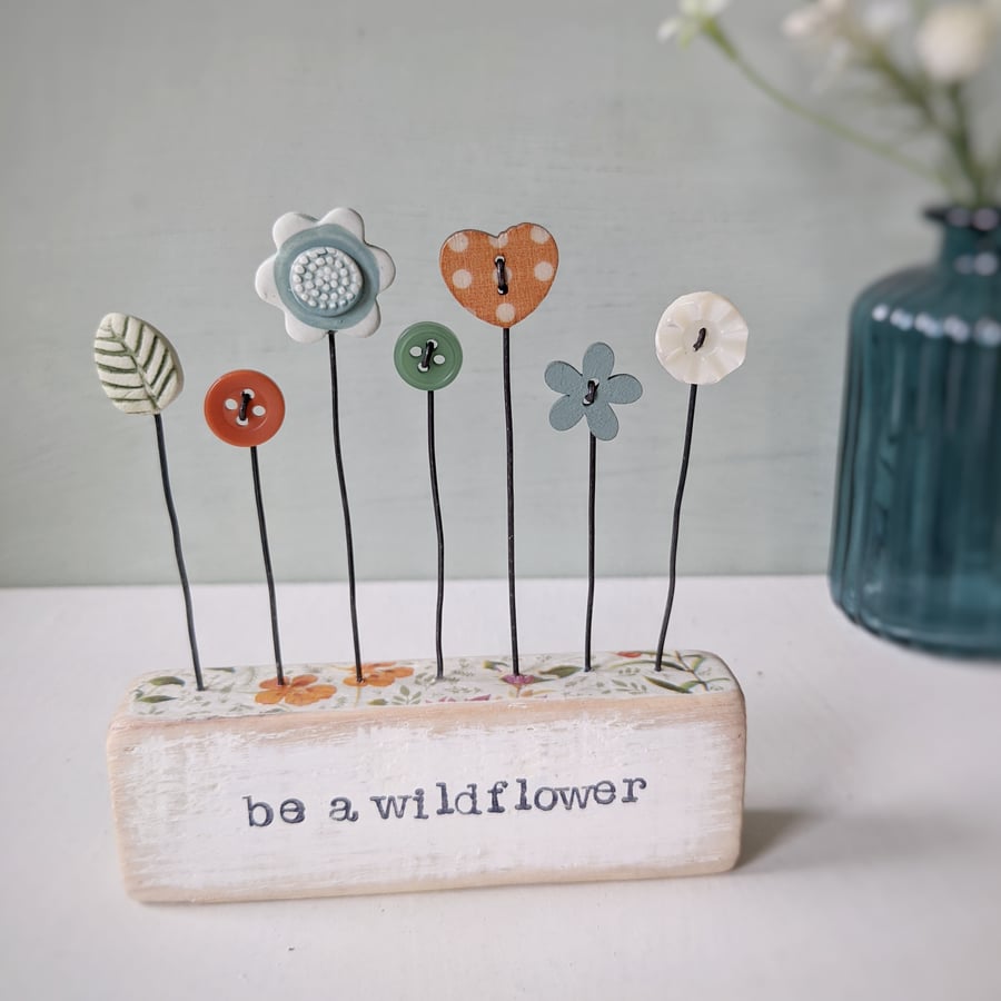 Clay and Button Flower Garden in a Floral Wood Block 'Be a Wildflower'