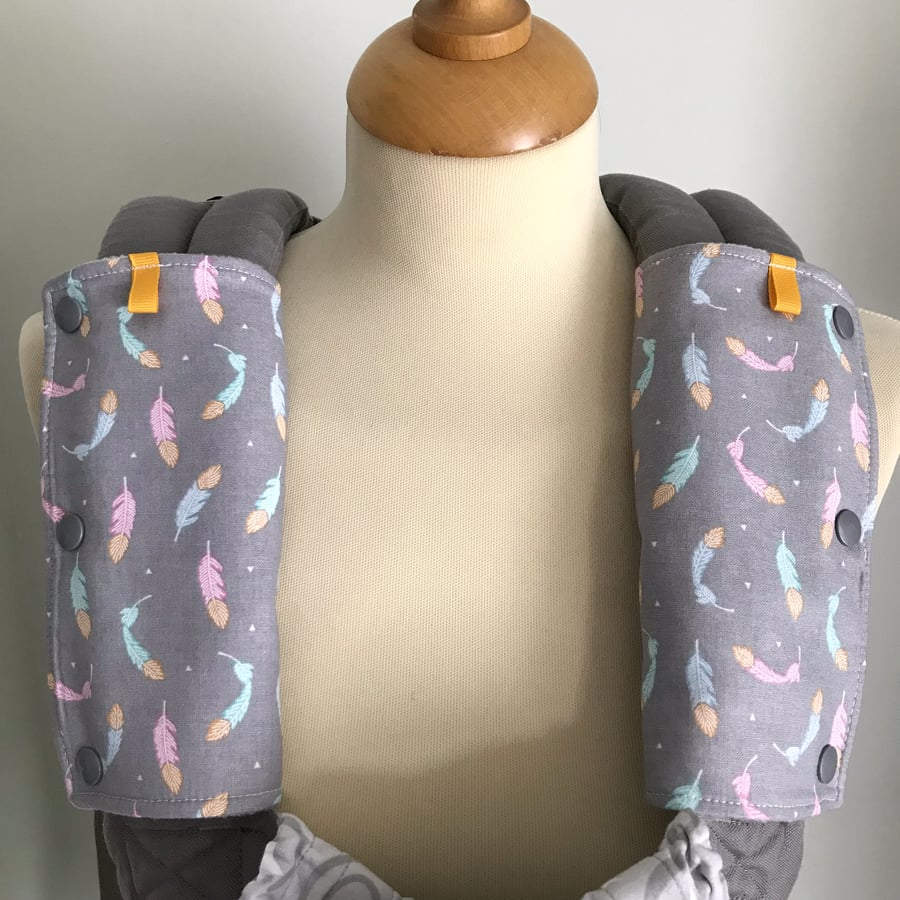 DROOL PADS Strap Covers for ERGO or CUSTOM Baby Carrier in Grey Feather Fabric