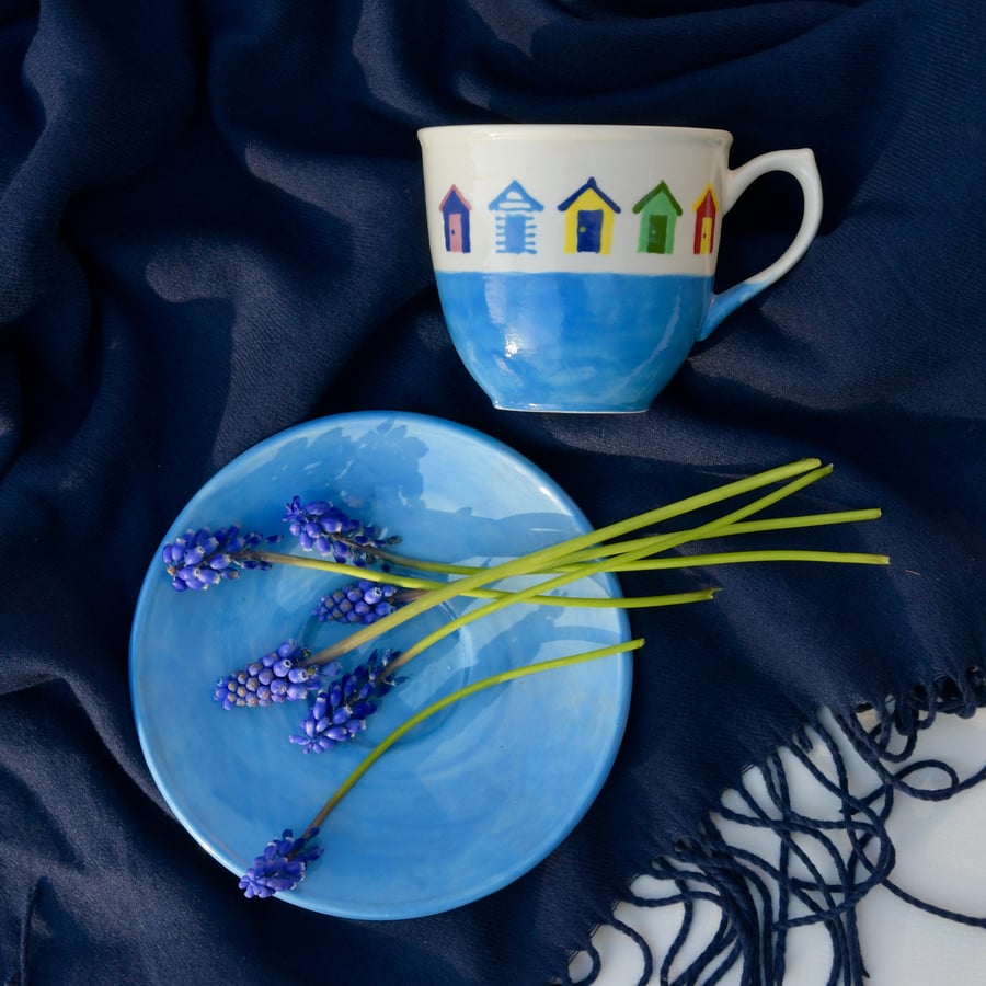 Beach Huts Cup and Saucer - Hand Painted - SALE 