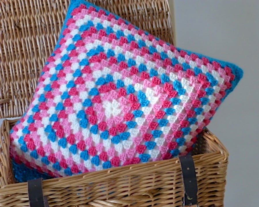 Crochet cushion cover, turquoise and pink cushion cover, removable cover
