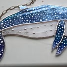 Handmade stained glass shimmery blue humpback whale
