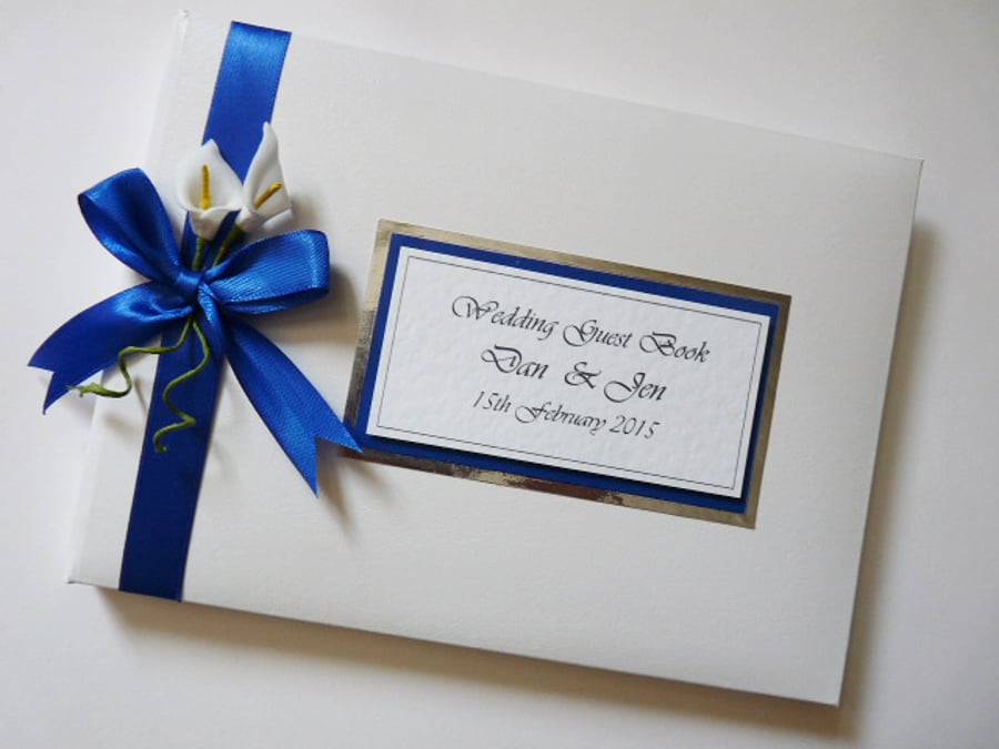 Wedding guest book with lilies, royal blue and white wedding guest book