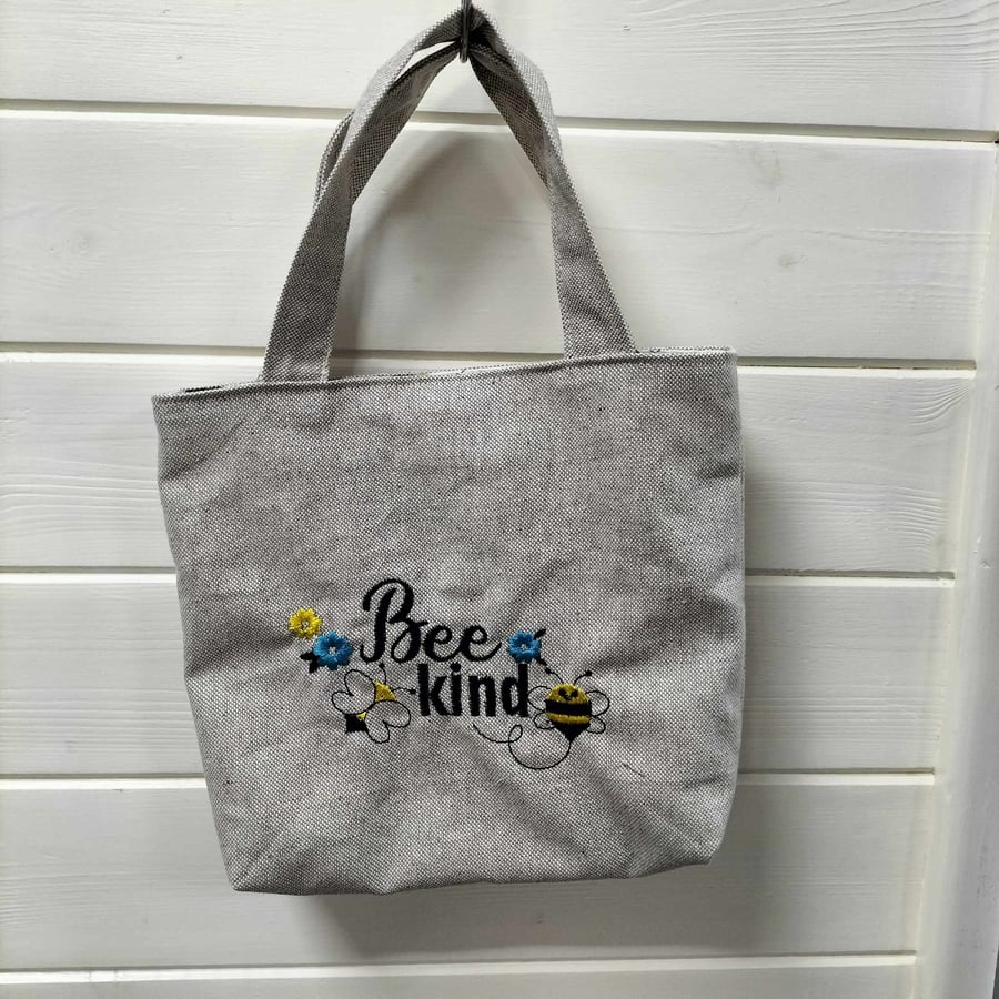 Linen look small tote bag with bee kind embroidery