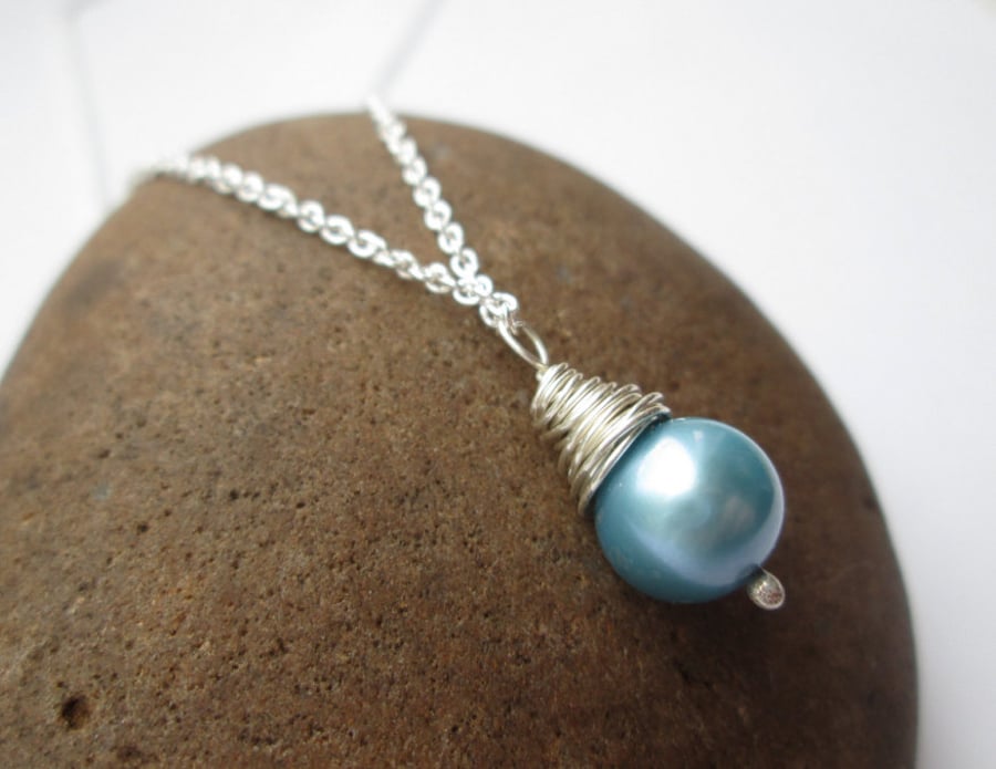 Light Blue Pearl Necklace - Pearl Pendant, Drop Pendant, Wire Wrapped Jewellery