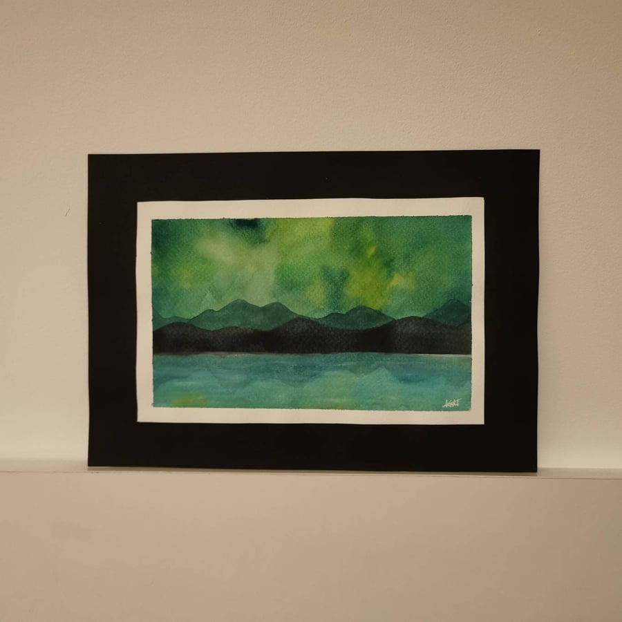 Green landscape painting, original artwork, galaxy watercolour, wall art