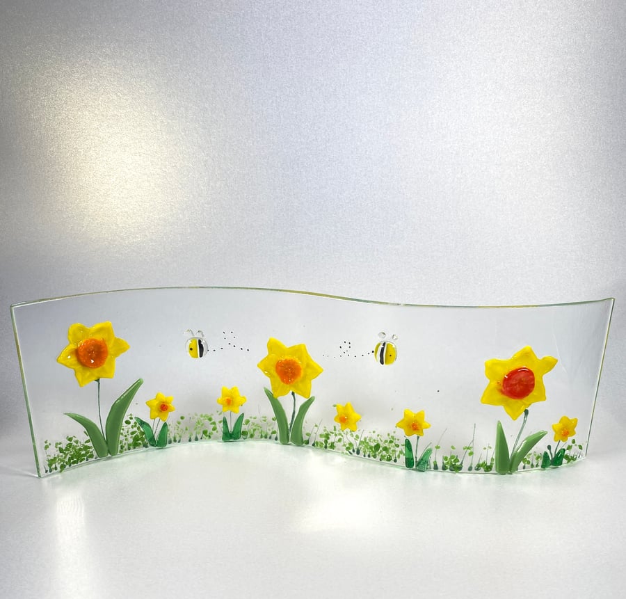 Daffodils fused glass wave ornament 