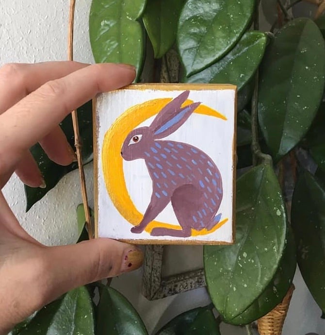 Rabbit and Moon, painting on wood