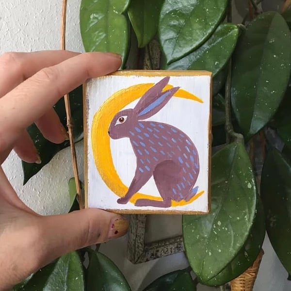Rabbit and Moon, painting on wood
