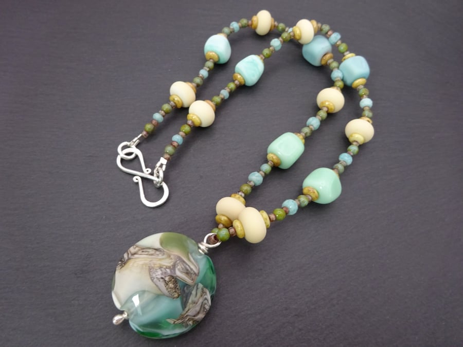 green lampwork glass beaded necklace, pendant jewellery