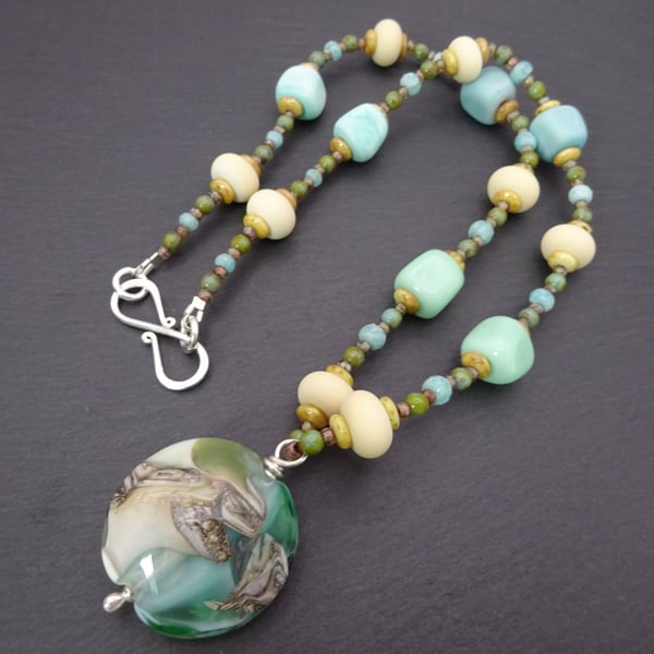 green lampwork glass beaded necklace, pendant jewellery