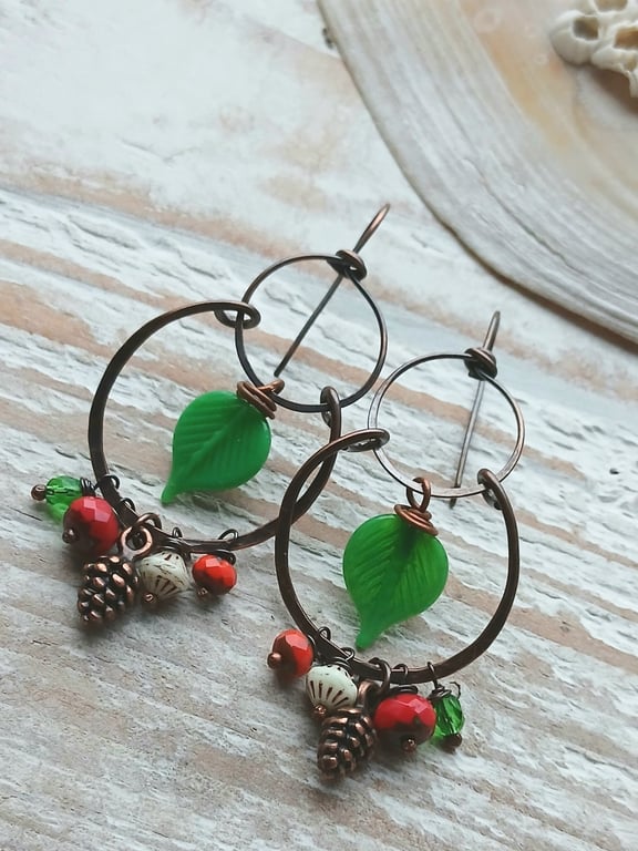 Copper Double Hoop Earrings with Czech Beads