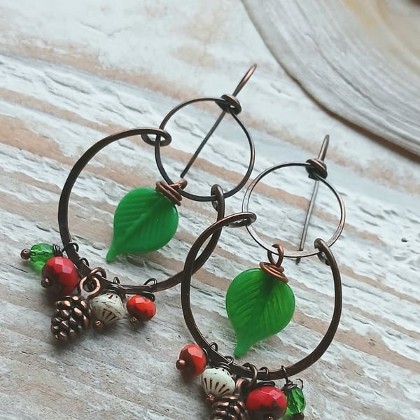 Copper Double Hoop Earrings with Czech Beads