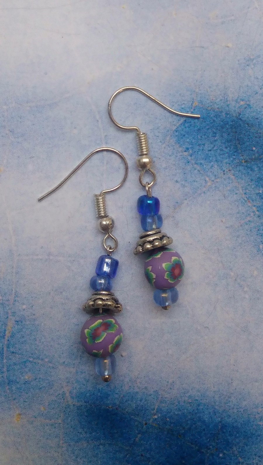 Little Dangly Earrings with Glass, Tibetan Silver and Polymer Clay Beads 