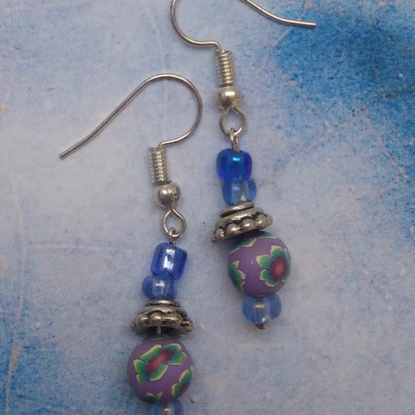Little Dangly Earrings with Glass, Tibetan Silver and Polymer Clay Beads 