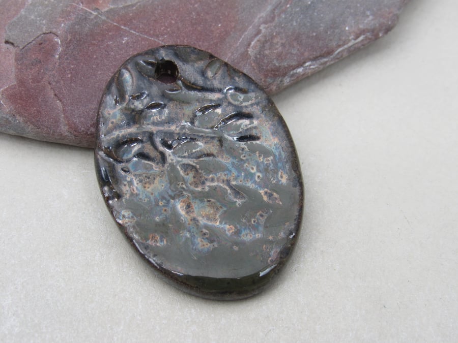 Large Obsidian Leaf Sprig Ceramic Pendant