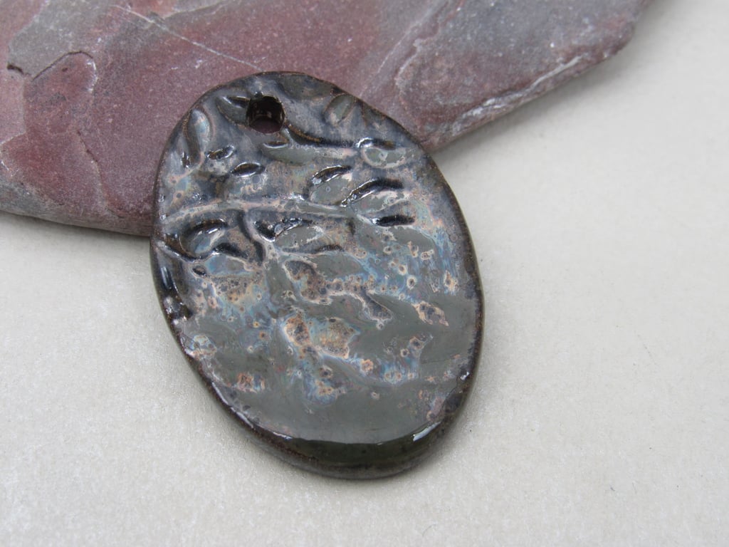 Large Obsidian Leaf Sprig Ceramic Pendant