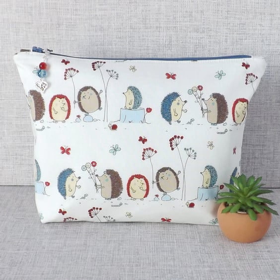 Large zipped pouch, project bag, cosmetic bag, hedgehogs