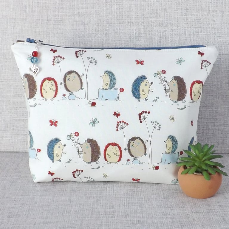 Large zipped pouch, project bag, cosmetic bag, hedgehogs