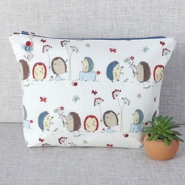Large zipped pouch, project bag, cosmetic bag, hedgehogs