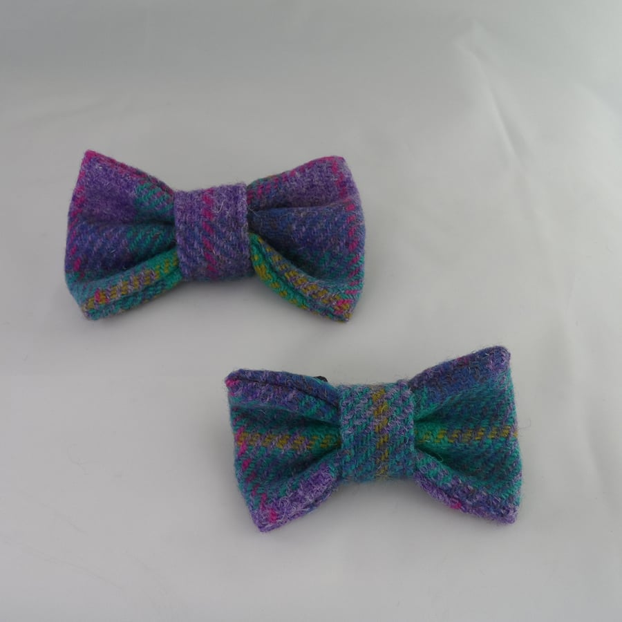 Handmade Harris Tweed Dog Bow - Purple-Jade Tartan 