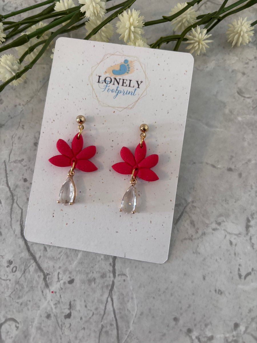 Red Flower Clay Earrings with Crystal Charms - Lightweight 