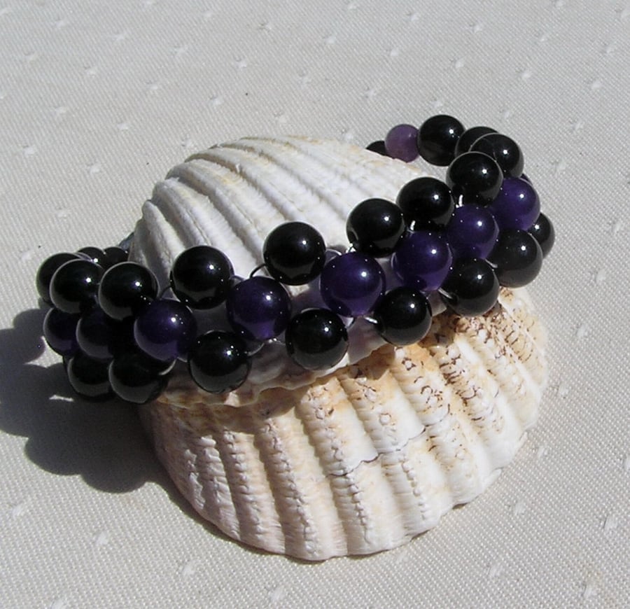 Black Onyx & Purple Amethyst Gemstone Woven Beaded Chakra Bracelet "Violeta"