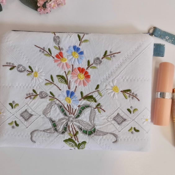 Make up bag zipped in reclaimed embroidered cloth with Laura Ashley lining 