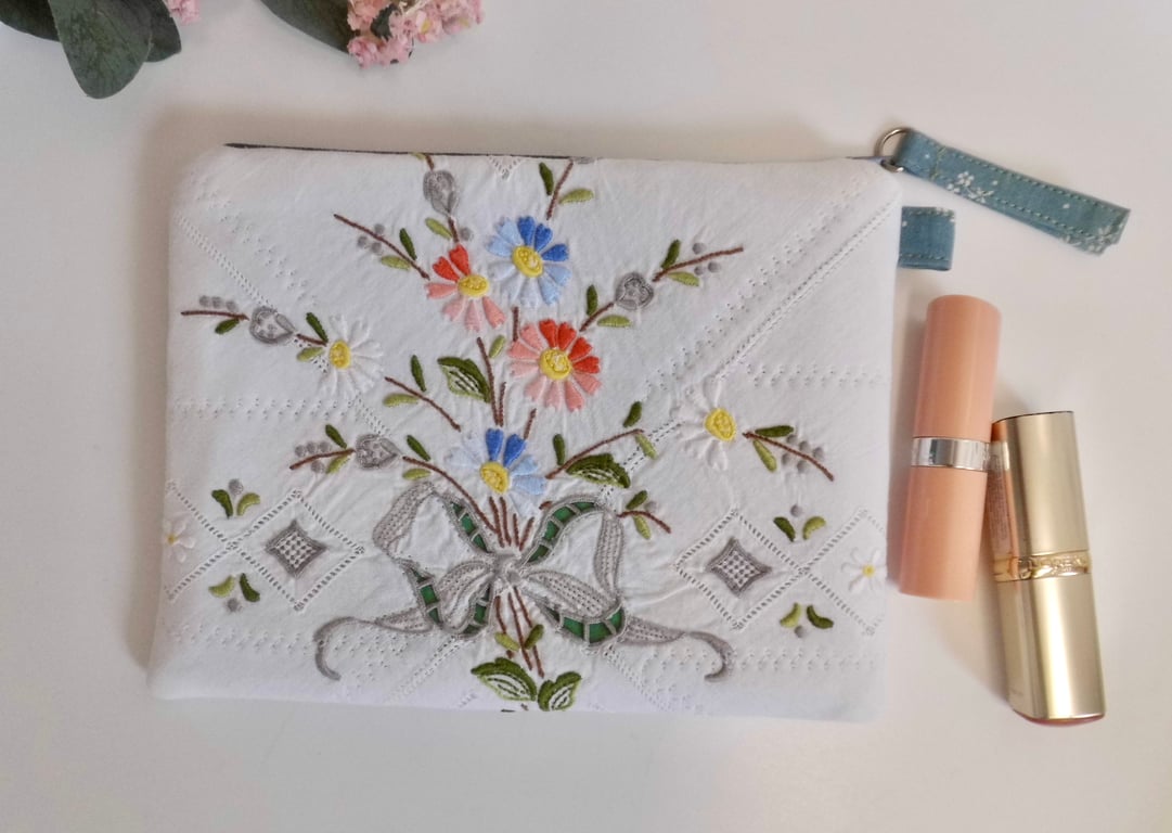 Make up bag zipped in reclaimed embroidered cloth with Laura Ashley lining 