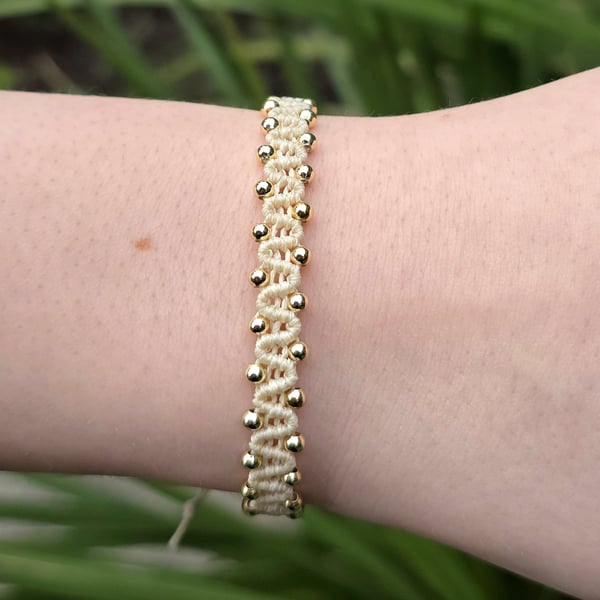 Ivory and Gold Macrame Beaded bracelet - 14ct gold filled