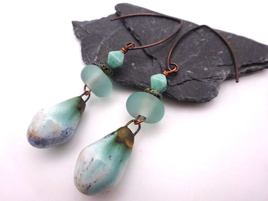 aqua green lampwork glass and ceramic copper earrings