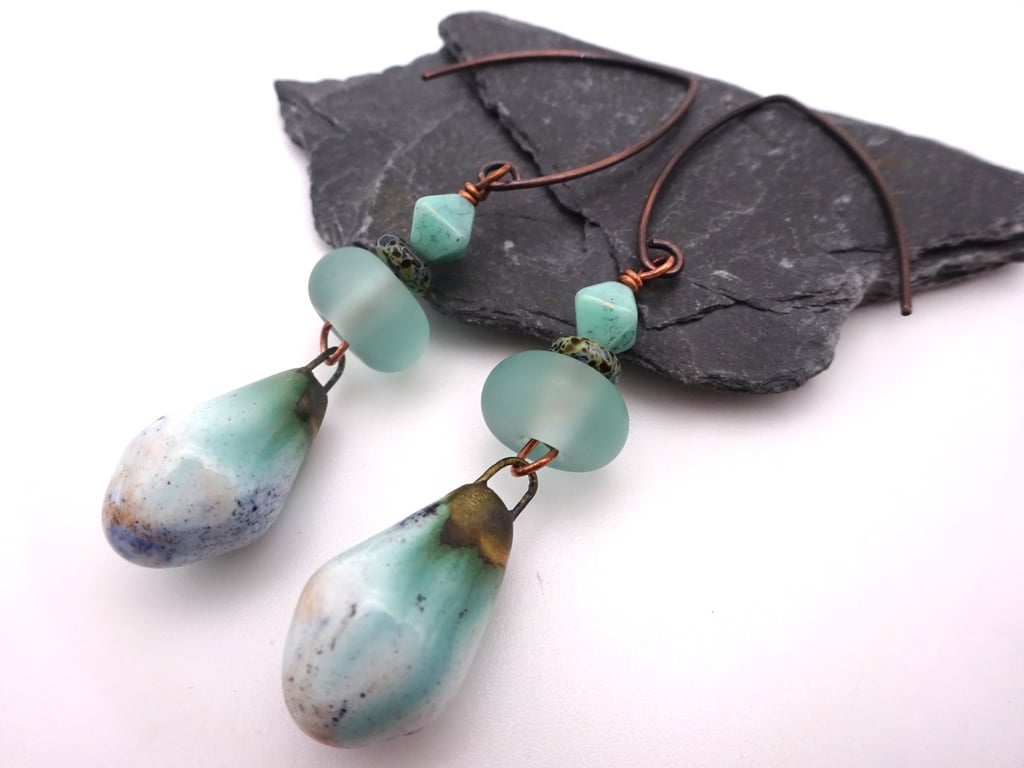 aqua green lampwork glass and ceramic copper earrings